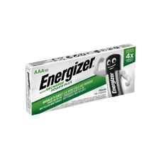 A box of Energizer Power Plus AAA Micro LR03 700 mAh | Pack (10-pack) from Energizer Deutschland GmbH containing ten batteries. The packaging highlights the use of recycled batteries, a charge that lasts 4x longer, a 700 mAh capacity, and features an illustration of a battery with arms.