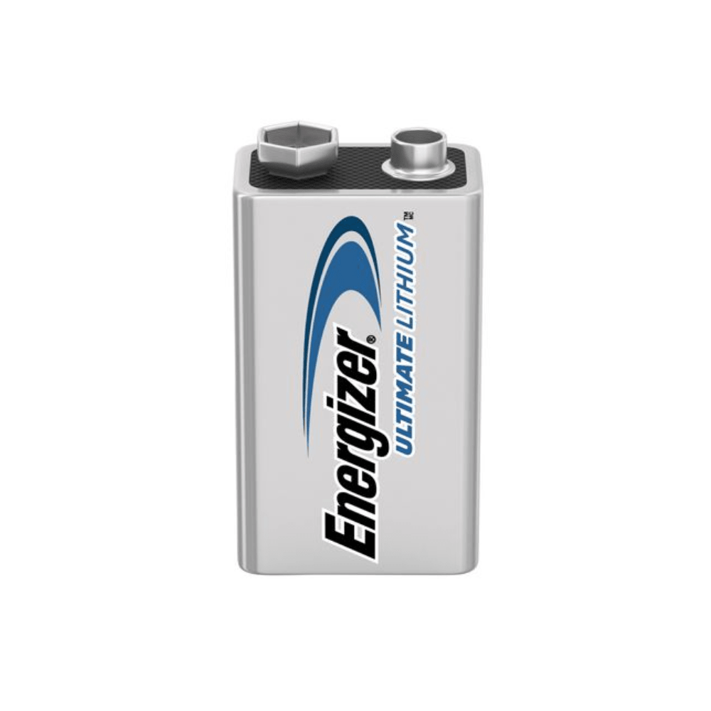 A close-up of an Energizer Ultimate Lithium E-Block 9V L522 | Pack of 10 from Energizer Deutschland GmbH. The battery is silver with black and blue text and represents a long-lasting power source. The top of the battery features two terminals, one round and one hexagonal.