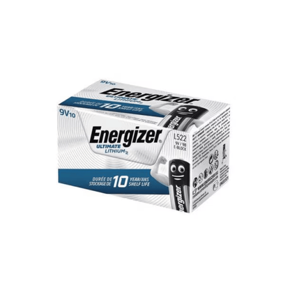 A white-and-gray box containing Energizer Ultimate Lithium E-Block 9V L522 | Pack (10-pack), a long-lasting power source. The packaging indicates that it contains ten batteries with a shelf life of 10 years. The Energizer Deutschland GmbH logo is visible on the left side, while product information and an image of the battery are shown on the right side.