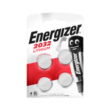 Image of a four-pack of Energizer Ultimate Lithium CR 2032 button cell batteries | Pack (4 pieces) in original packaging from Energizer Deutschland GmbH. The packaging is white with a red section and features an image of a battery character wearing sneakers and gloves. The text emphasizes that the CR2032 button cell batteries are child-safe.