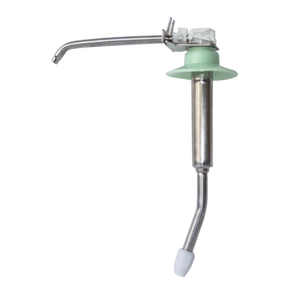 A dental handpiece made of metal with a curved tip and mint green plastic part, reminiscent of the Hartmann BODE replacement pumps for BODE Eurospender 1 plus / Touchless by Paul Hartmann AG. It features a removable nozzle covered with a white cap for hygienic dosing.