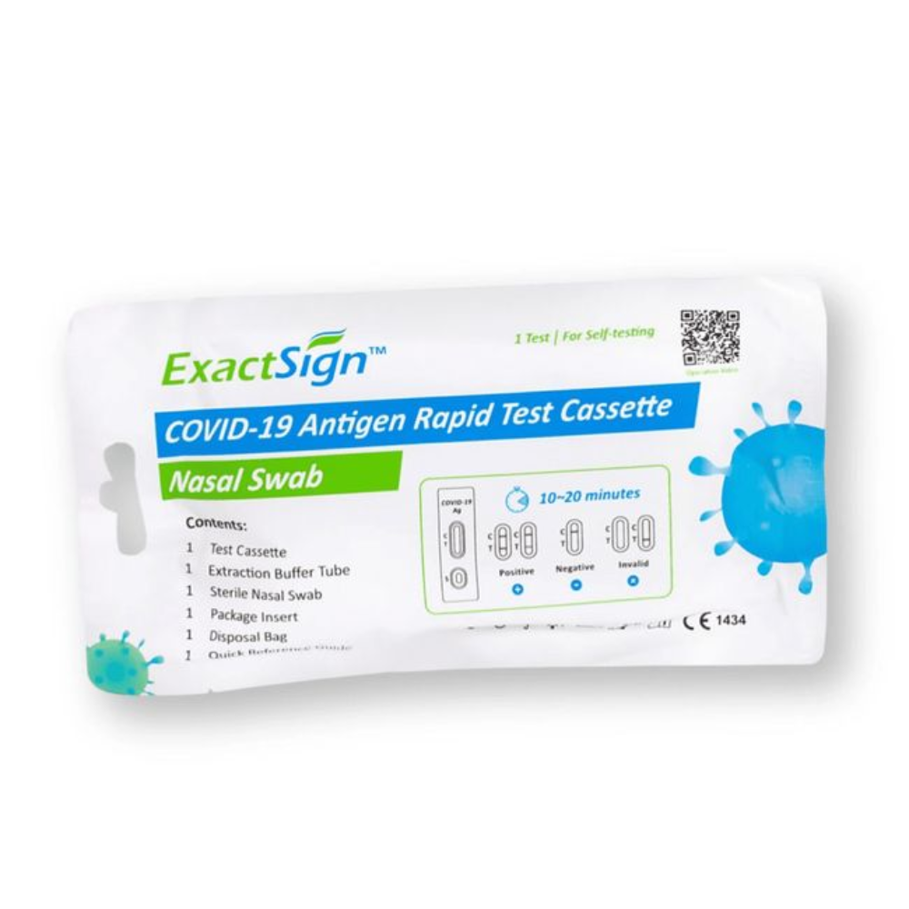 ExactSign Covid-19 Antigen Rapid Test (Self-test), Softpack: Self-test kit with nasal swab, content list, result time 10-20 minutes and interpretation guide for positive/negative/invalid results. Ideal for quick SARS-CoV-2 testing at home.