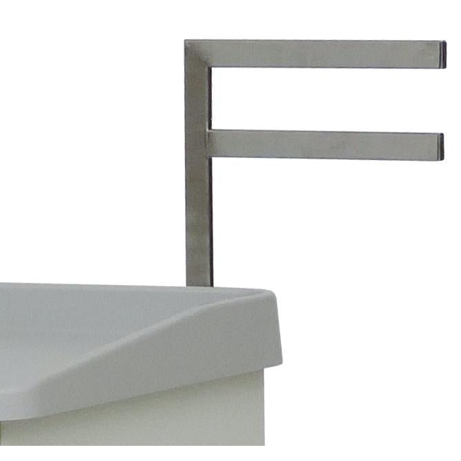 A close-up shows the Novocal F-bracket (330 mm), in metallic paint, with a two-part F-shaped structure, mounted on the right side of a white surface with a gray top; 1 piece per package.