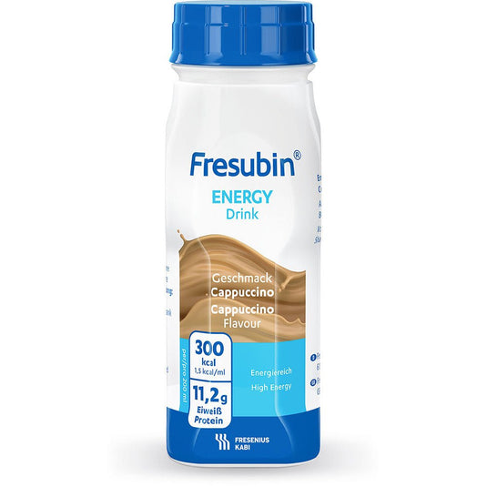 200 ml Fresubin Energy Drink from Fresenius Kabi Deutschland GmbH, flavor Cappuccino, with blue cap and white label with nutritional information: 300 kcal, 11.2 g protein and high energy content.