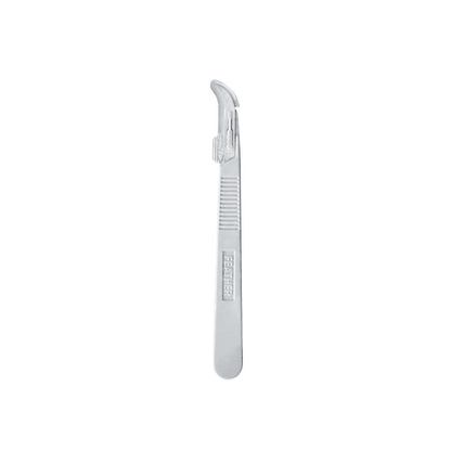 A silver Feather disposable scalpel from Servoprax GmbH made of stainless steel has a textured handle and a curved protective sheath over the blade, isolated on a white background.