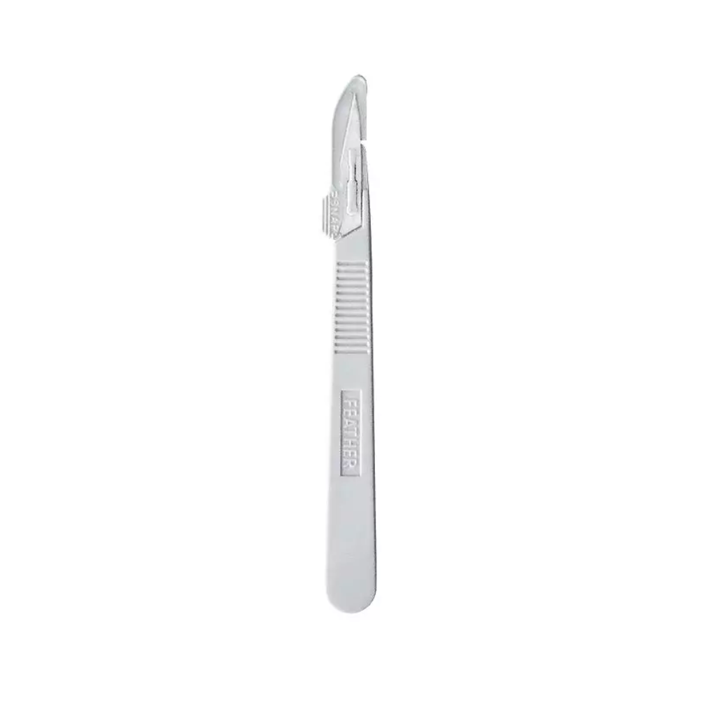 A Feather disposable scalpel from Servoprax GmbH, with a gray plastic handle and a stainless steel blade, is packaged sterilely and presented against a white background.