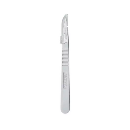 A Feather disposable scalpel from Servoprax GmbH, with a gray plastic handle and a stainless steel blade, is packaged sterilely and presented against a white background.