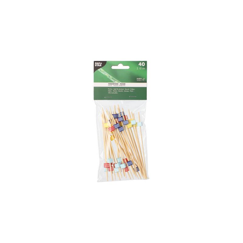 A pack of 40 cocktail skewers from PAPSTAR finger food, ideal for finger food skewers, presents colorful flag decorations made of plastic on a white background. The transparent packaging is adorned with a striking green-white label from PAPSTAR GmbH and adds sustainable charm to your next event.