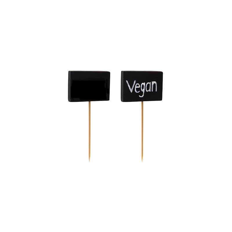 Two small rectangular black writable chalkboard food picks from PAPSTAR GmbH (PAPSTAR 100 Fingerfood - Picker) with bamboo wooden skewers; one blank, one labeled "Vegan" in white, both upright on a white background - ideal for finger food.