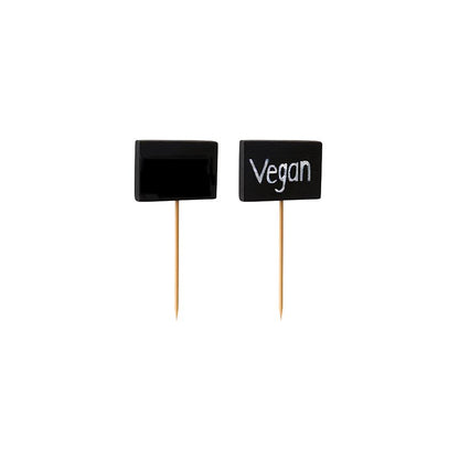 Two small rectangular black writable chalkboard food picks from PAPSTAR GmbH (PAPSTAR 100 Fingerfood - Picker) with bamboo wooden skewers; one blank, one labeled "Vegan" in white, both upright on a white background - ideal for finger food.
