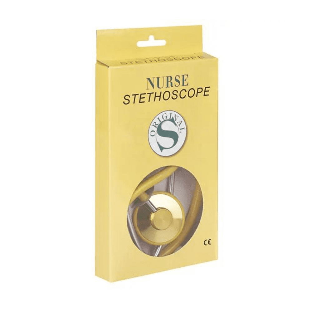 A yellow box with the label "Flathead Stethoscope Model Sister" and a round transparent window shows the stethoscope inside. The packaging with "Original" and a logo with the letter "S" on the front highlights the latex- and nickel-free design for sensitive users. This product is from Servoprax GmbH.