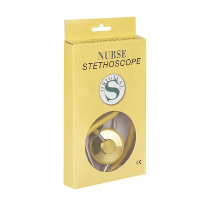 A yellow box with the label "Flathead Stethoscope Model Sister" and a round transparent window shows the stethoscope inside. The packaging with "Original" and a logo with the letter "S" on the front highlights the latex- and nickel-free design for sensitive users. This product is from Servoprax GmbH.