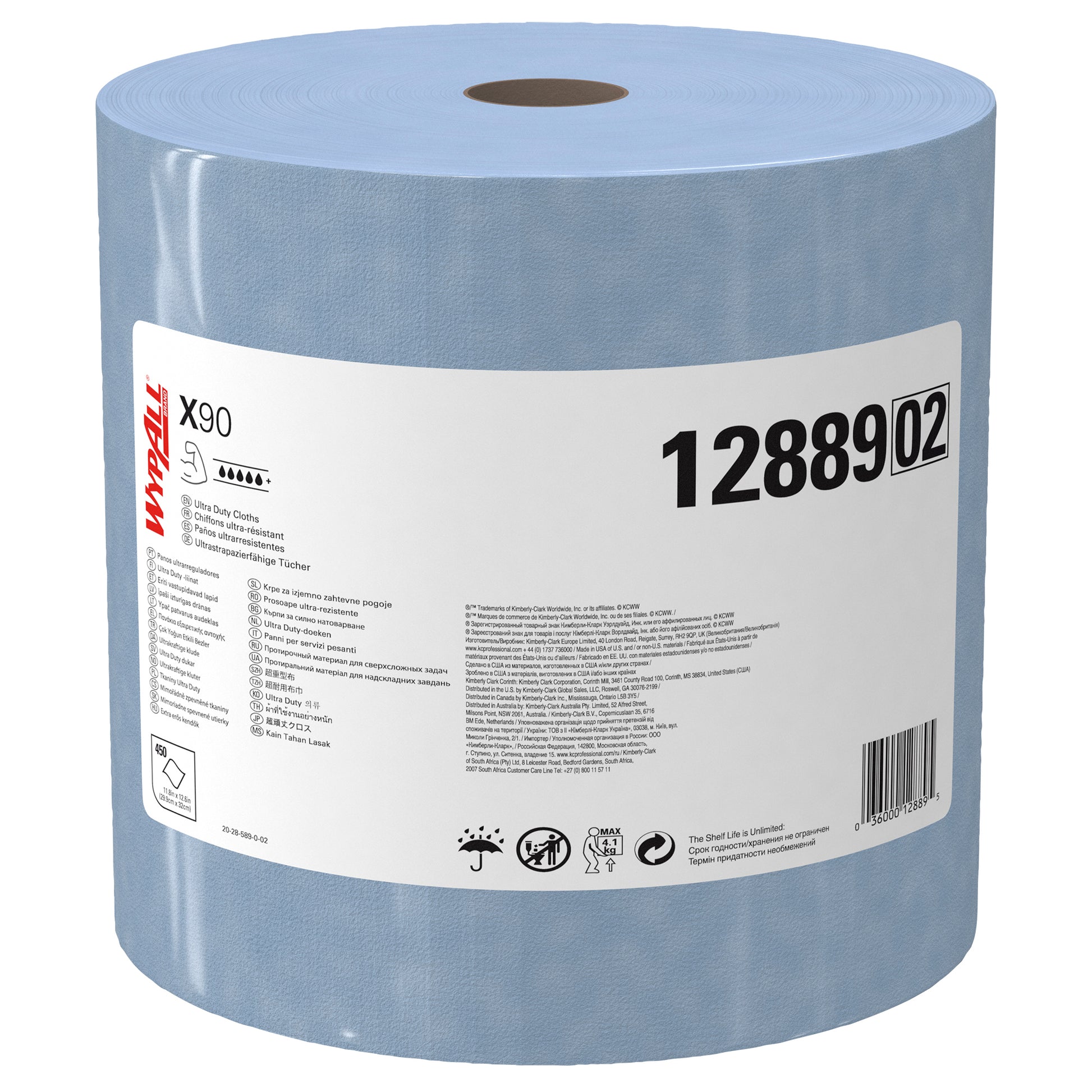 Eine große blaue WypAll® X90 PowerClean Großrolle der Kimberly-Clark GmbH mit 450 Blatt pro Rolle und dem Produktcode "1288902" steht aufrecht auf einem weißen Hintergrund, auf dem ein weißes Etikett mit Branding und Informationen angebracht ist.