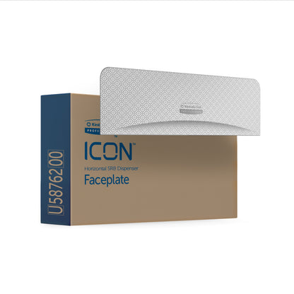 Pictured is a rectangular box labeled "Kimberly-Clark Professional™ Icon™ Dispenser Faceplate - SRBH" with product code U5876200 in blue font, containing a textured white faceplate from the Icon Dispenser range by Kimberly-Clark GmbH.