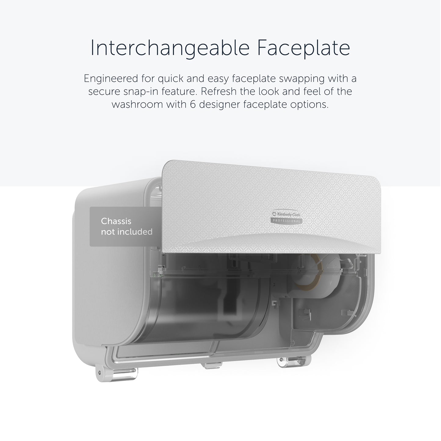 A wall-mounted Kimberly-Clark Professional™ Icon™ dispenser with a durable, textured SRBH front plate (32.39 x 10.80 x 3.18 cm) is partially open, showing the easily replaceable design; only the front plate - chassis not included. Brand: Kimberly-Clark GmbH.