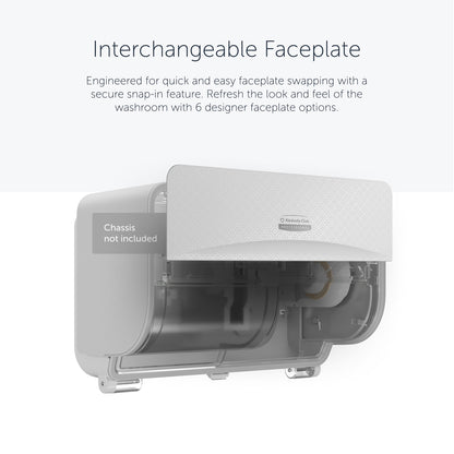 A wall-mounted Kimberly-Clark Professional™ Icon™ dispenser with a durable, textured SRBH front plate (32.39 x 10.80 x 3.18 cm) is partially open, showing the easily replaceable design; only the front plate - chassis not included. Brand: Kimberly-Clark GmbH.