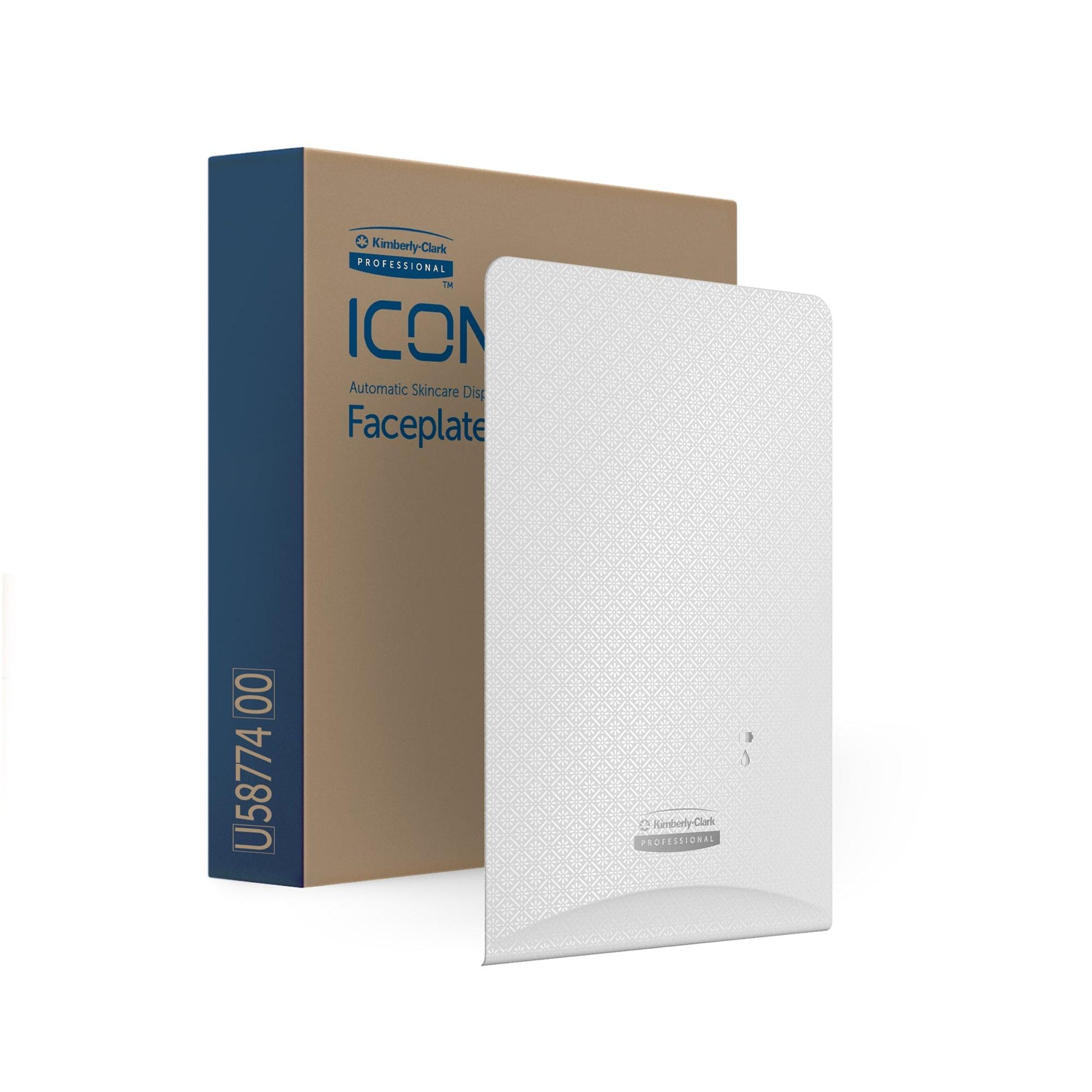 Der Kimberly-Clark Professional™ Icon™ Dispenser Faceplate - eSkinCare (20,32 x 27,30 x 3,81 cm) der Kimberly-Clark GmbH steht aufrecht neben seiner U5874-Box und zeigt ein dezentes geometrisches weißes Design, das sich ideal als Waschraumzubehör eignet.