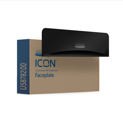 A rectangular box labeled "Kimberly-Clark Professional™ Icon™ Dispenser Faceplate - SRBH" (32.39x10.80x3.18 cm) from Kimberly-Clark GmbH shows the black, textured faceplate partially removed from the packaging.