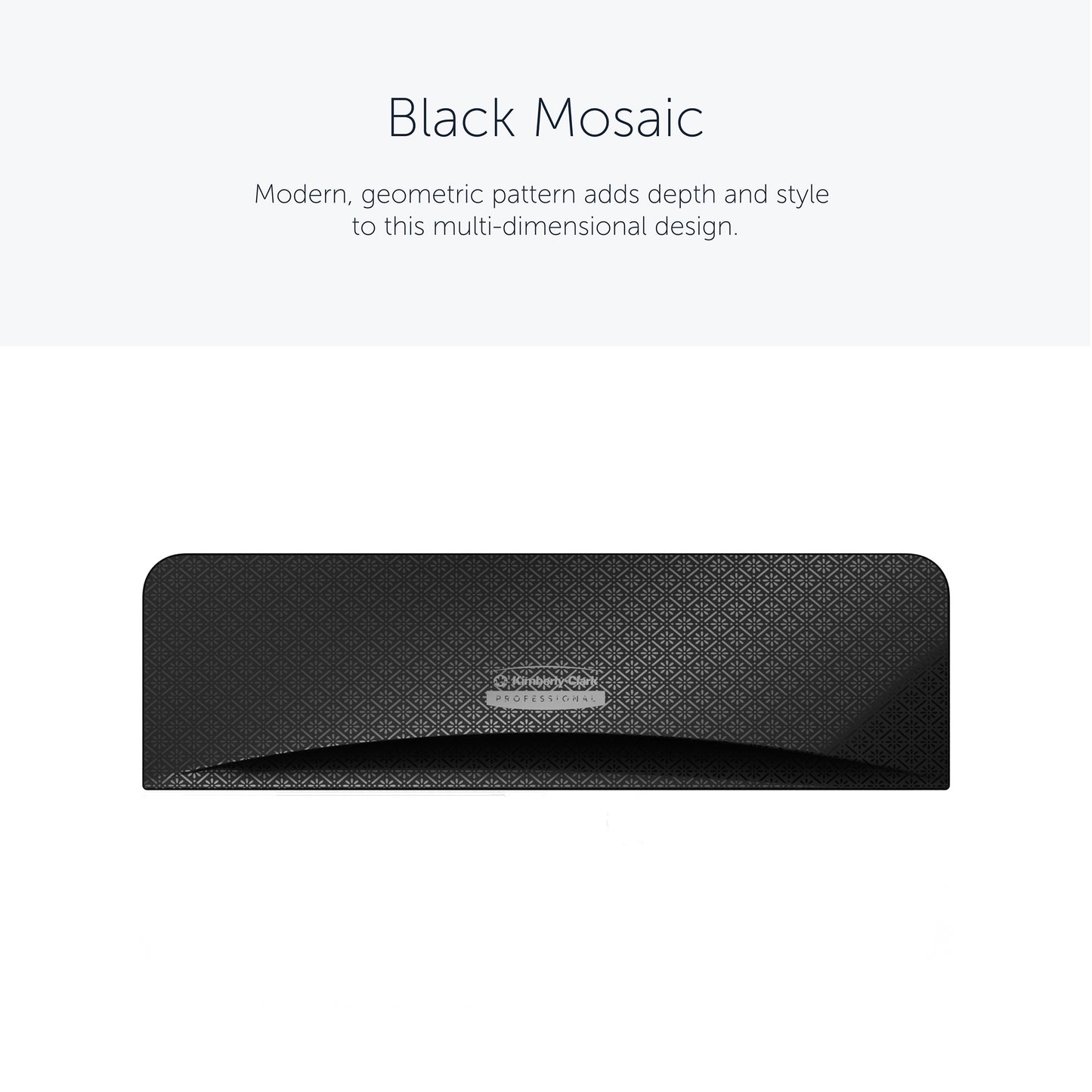 A rectangular black Kimberly-Clark Professional™ Icon™ Dispenser Faceplate - SRBH (32.39 cm x 10.80 cm x 3.18 cm) with geometric mosaic design is centered on a white background; "Black Mosaic" appears above, highlighting the durable style of Kimberly-Clark GmbH.