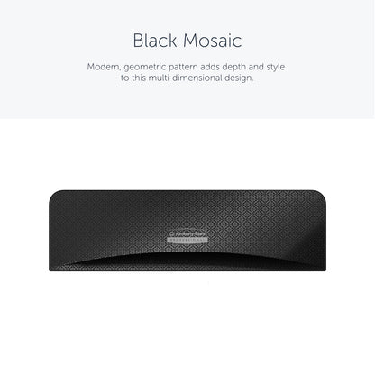 A rectangular black Kimberly-Clark Professional™ Icon™ Dispenser Faceplate - SRBH (32.39 cm x 10.80 cm x 3.18 cm) with geometric mosaic design is centered on a white background; "Black Mosaic" appears above, highlighting the durable style of Kimberly-Clark GmbH.