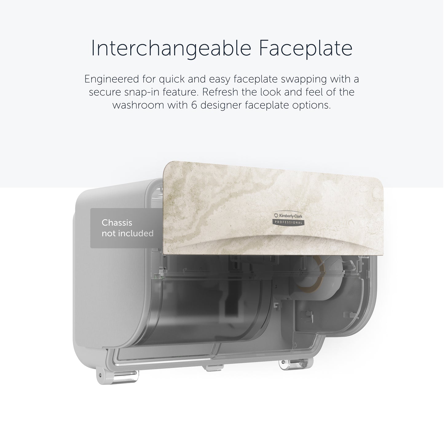 A wall-mounted Kimberly-Clark GmbH Professional™ Icon™ dispenser features a durable, interchangeable SRBH front plate (32.39 x 10.80 x 3.18 cm) with a transparent area showing the internal components and customizable design options.
