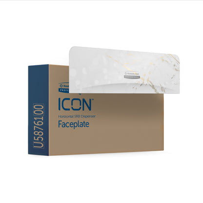 A carton labeled "Kimberly-Clark Professional™ Icon™ Dispenser Faceplate - SRBH" from Kimberly-Clark GmbH, Code U5876100, is partially covered on top with a durable, marbled faceplate.