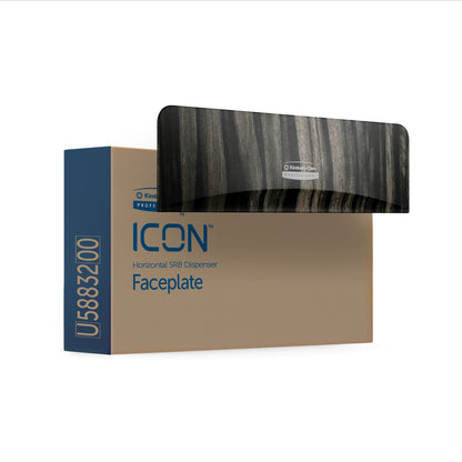 The durable Kimberly-Clark Professional™ Icon™ Dispenser Faceplate - SRBH (32.39 x 10.80 x 3.18 cm) by Kimberly-Clark GmbH with dark wood grain is presented in a box with "ICON Faceplate" and "U583200".