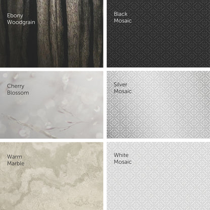 Eine Collage aus sechs Kacheln - Holzmaserung aus Ebenholz, schwarzes Mosaik, Kirschblüte, silbernes Mosaik, warmer Marmor und weißes Mosaik - hebt die stilvollen Optionen für die Kimberly-Clark Professional™ Icon™ Spenderfrontplatte der Kimberly-Clark GmbH hervor.