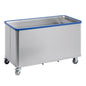 The Novocal spring base trolley - with lid damping (package 1 piece) from Novocal is a large, robust metal trolley with a blue edge and four swivel castors, ideal for industrial use. Pictured on a plain white background.