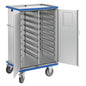 The Novocal Closed Module Cart made of anodized aluminum features 2 doors with latch lock, horizontal inserts, four large wheels, and blue bumpers. Ideal for material storage.