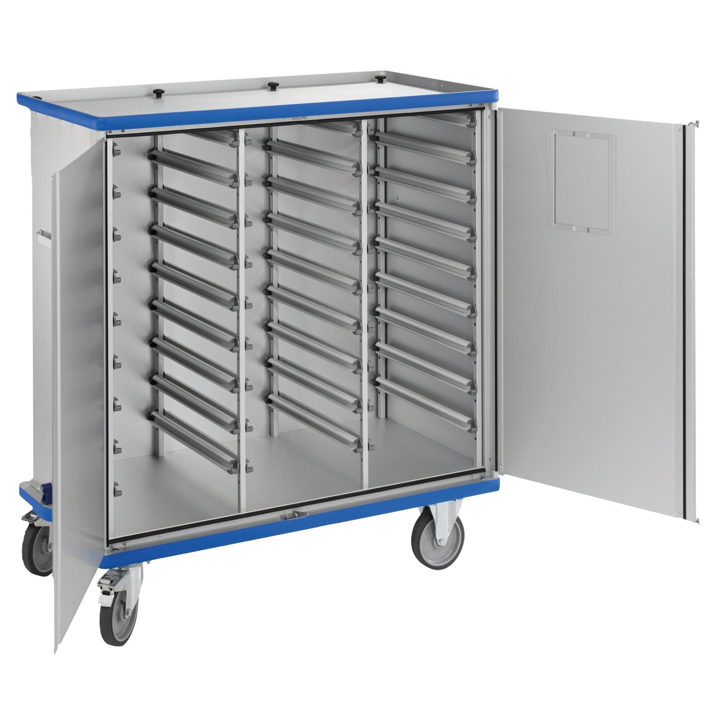 The Novocal Closed Module Cart is a durable, lockable storage cart made of anodized aluminum with two doors and multiple interior compartments. Brand: Novocal.