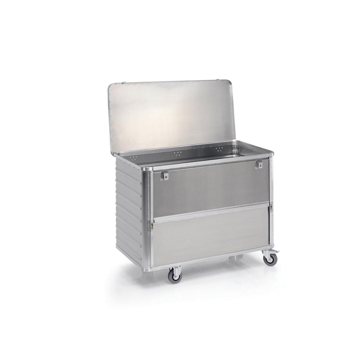 The Novocal transport container made of aluminum with a lowerable front wall stands on 2 fixed and 2 swivel castors. The empty container is open and placed against a white background.