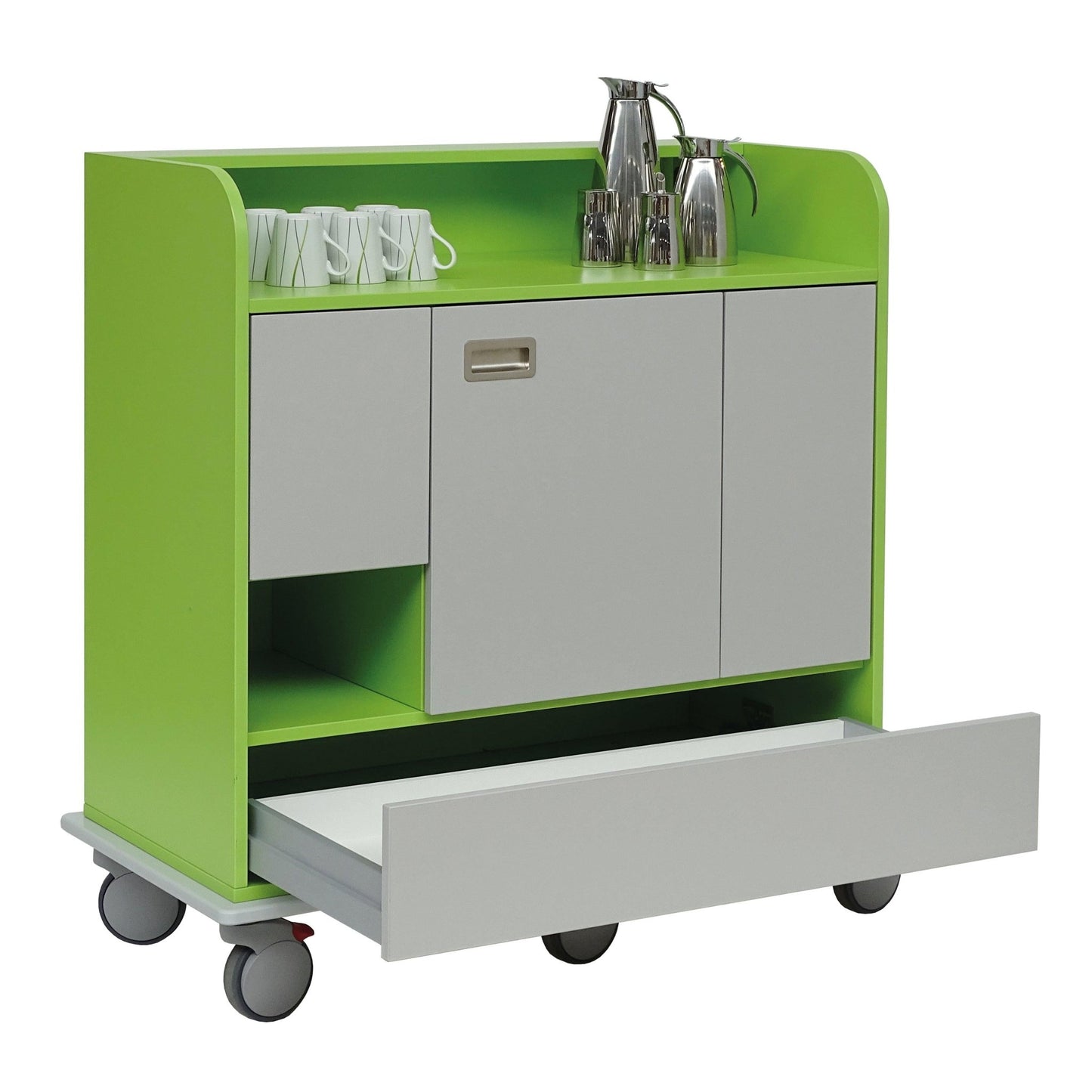 A modern Novocal beverage cart in green and white with a full plastic panel, open drawer, storage compartments, white cups, silver pots on top, wheels for mobility, and a sturdy Novocal chassis.