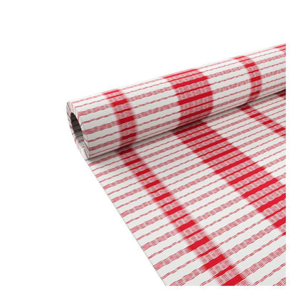 The Dunicel tablecloth rolls 1.18 m x 25 m from Duni GmbH feature a red-white checkered stripe pattern, partially unrolled on a white surface – perfect for table decoration at large events.
