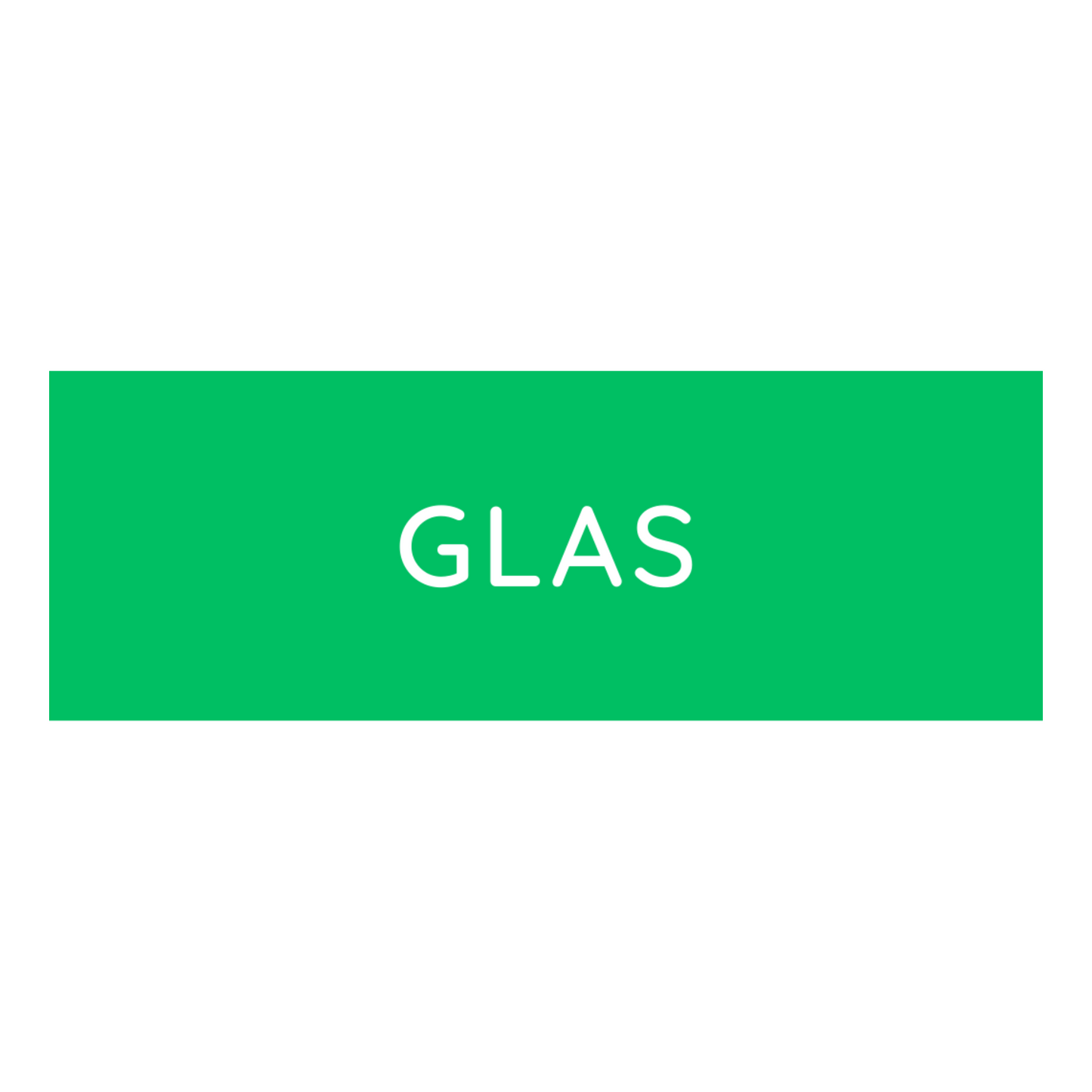 The Novocal Colored Recycling Sticker small (1 piece) shows a green rectangle with "GLAS" in white capital letters in the center, ideal for waste separation. The area outside the rectangle has a white background.