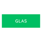 The Novocal Colored Recycling Sticker small (1 piece) shows a green rectangle with "GLAS" in white capital letters in the center, ideal for waste separation. The area outside the rectangle has a white background.