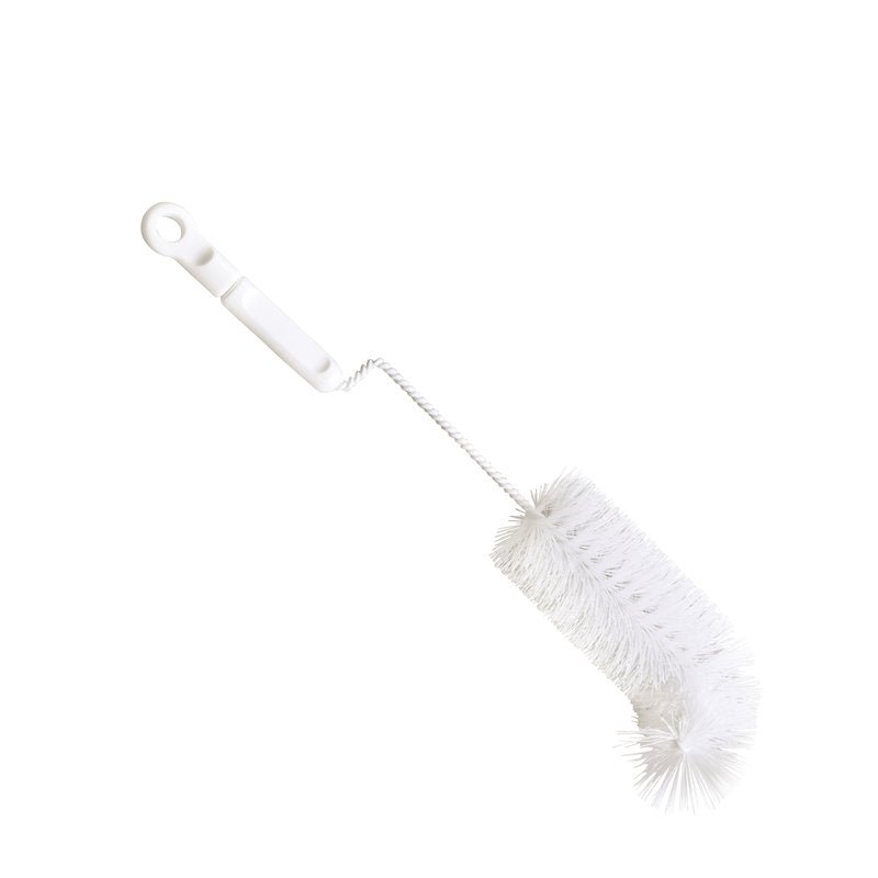 The Haug Bürsten KG BABY BOTTLE BRUSH, NYLON 6.0 WHITE, Ø0.35mm soft, 310xØ50mm features a white soft nylon brush head with twisted metal stem and plastic handle with hanging hole - ideal for easy cleaning of baby bottles.