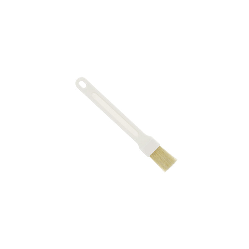 The FLAT BRUSH, PBT Ø0.20MM from Haug Bürsten KG is a white plastic brush with beige PBT bristles and a handle with a hanging hole, depicted on a plain white background.