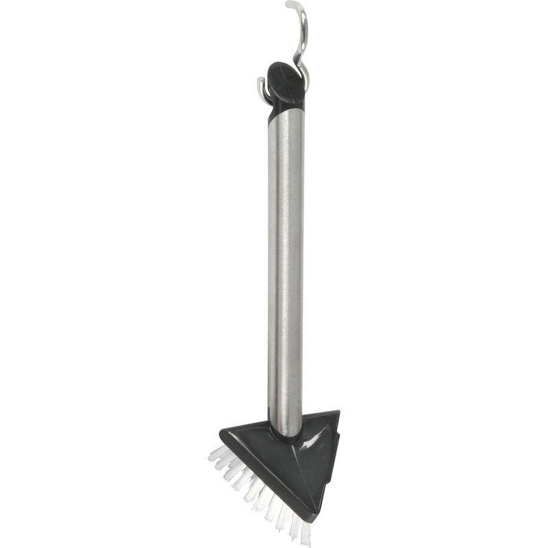 The TRIANGULAR DISH BRUSH, STAINLESS STEEL PBT TRANSPARENT, Ø0.35MM MEDIUM from Haug Bürsten KG with metal handle and hanging hook is ideal for kitchen cleaning.