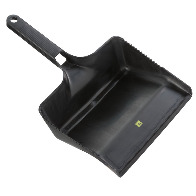 The ESD DUSTPAN SQUARE, WITHOUT LIP BLACK (350x222x110mm) from Haug Bürsten KG features a ribbed handle and a small yellow sticker, depicted on a white background - ideal for electrostatically sensitive environments.