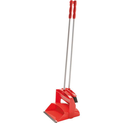 The FUTURA DUSTPAN SET WITH LONG HANDLE POLYESTER, 1000MM from Haug Bürsten KG features ergonomic red handles, a long handle for back-friendly cleaning, and a brush that fits into the dustpan for easy storage.