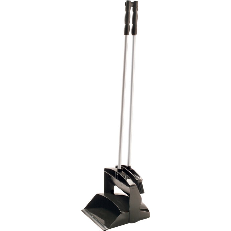 The Haug Bürsten KG FUTURA dustpan set with long handle polyester, 1000mm in black stands upright; both the dustpan and broom have elegant silver handles and ergonomic black grips for comfortable, back-friendly cleaning.