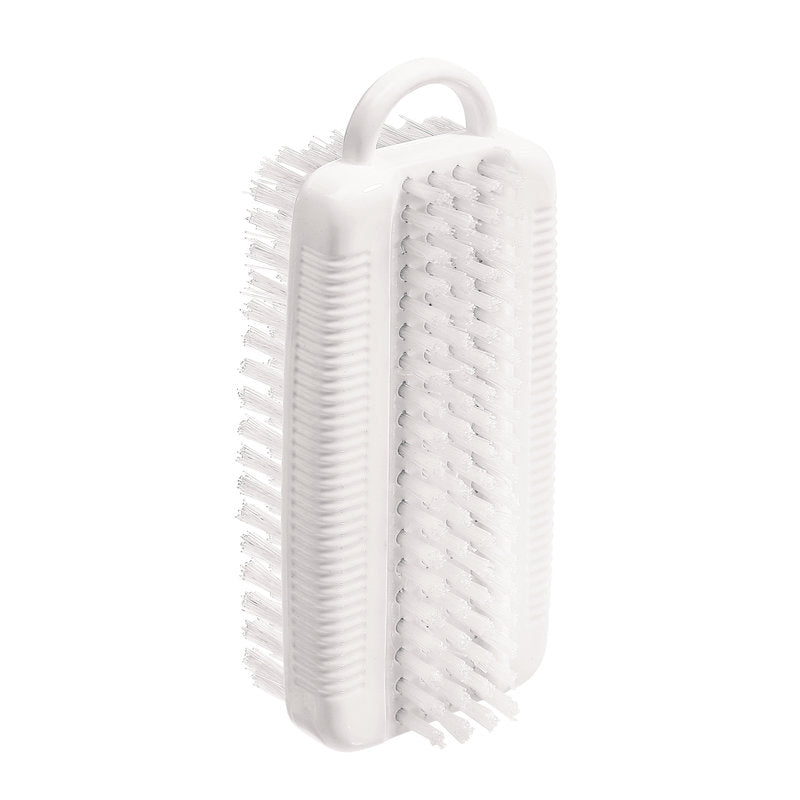 The NAIL BRUSH DOUBLE, NYL.6.6 WHITE, Ø0.35MM MEDIUM/HARD from Haug Bürsten KG is a rectangular white nail brush with medium-hard Nylon 6.6 bristles on both sides and a small upper handle, ideal for cleaning nails and small surfaces.
