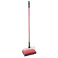 The Haug Bürsten KG CARPET SWEEPER M.LANGEM 3-PART STEEL HANDLE, MECHANICAL, BRISTLE, RED is a red mechanical carpet sweeper with a long steel handle and rotating brushes, depicted on a white background - ideal for easy carpet cleaning.
