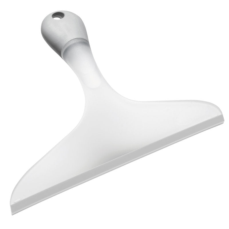 The Haug Bürsten KG SOFT-GRIP WINDOW WIPER, WITH ATTACHED LIP, 250MM, WHITE features a white-silver plastic design with a wide blade and hanging hole, ideal for streak-free window cleaning.