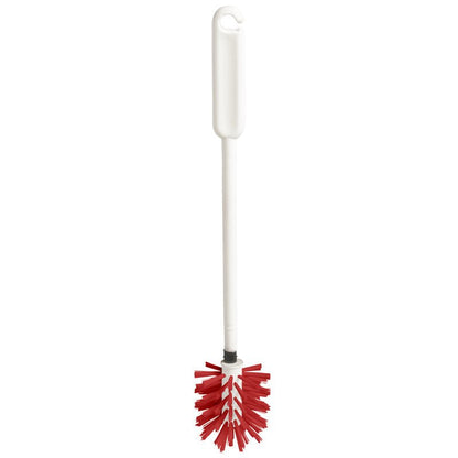 The URINAL BRUSH WITH FLEXIBLE BRUSH HEAD from Haug Bürsten KG has a white handle and red bristles with a flexible 0.35 mm brush head for thorough urinal cleaning, depicted on a simple white background.