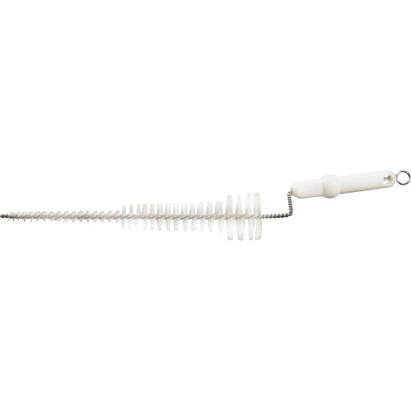 The Haug Bürsten KG teat brush with PBT bristles (ø 0.35 mm) and long, twisted stainless steel handle (500xø10-56M) is ideal for cleaning narrow containers or tubes in milk production.