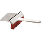 The CUTTING MACHINE BRUSH PBT Ø0.20MM HARD/Ø0.25MM SOFT from Haug Bürsten KG has a white PBT body, a long handle, red bristles, and a flat gray scouring pad. Ideal for industrial cutting machines. Pictured against a plain white background.