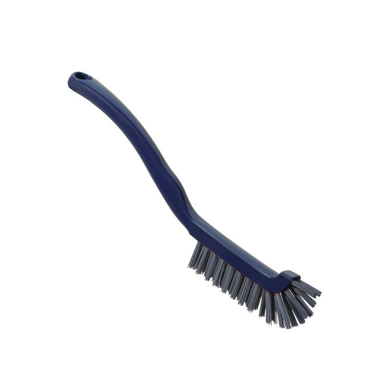 A METDEC PREM. JOINT BRUSH from Haug Bürsten KG with stiff gray PBT bristles, blue color, angled handle, and hanging hole (220x15x19mm), ideal for joint cleaning, isolated on white background.