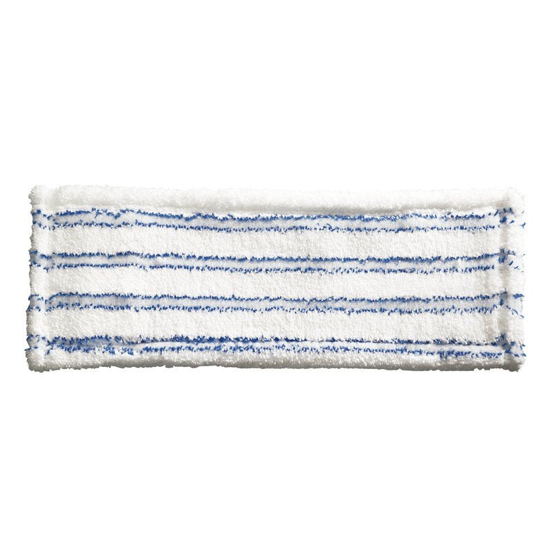 The WISCHBEZUG ABRASIVMOPP 400MM from Haug Bürsten KG is a white microfiber mop (75% polyester/25% polyamide) with blue stripes and slightly fluffy edges for efficient surface cleaning.